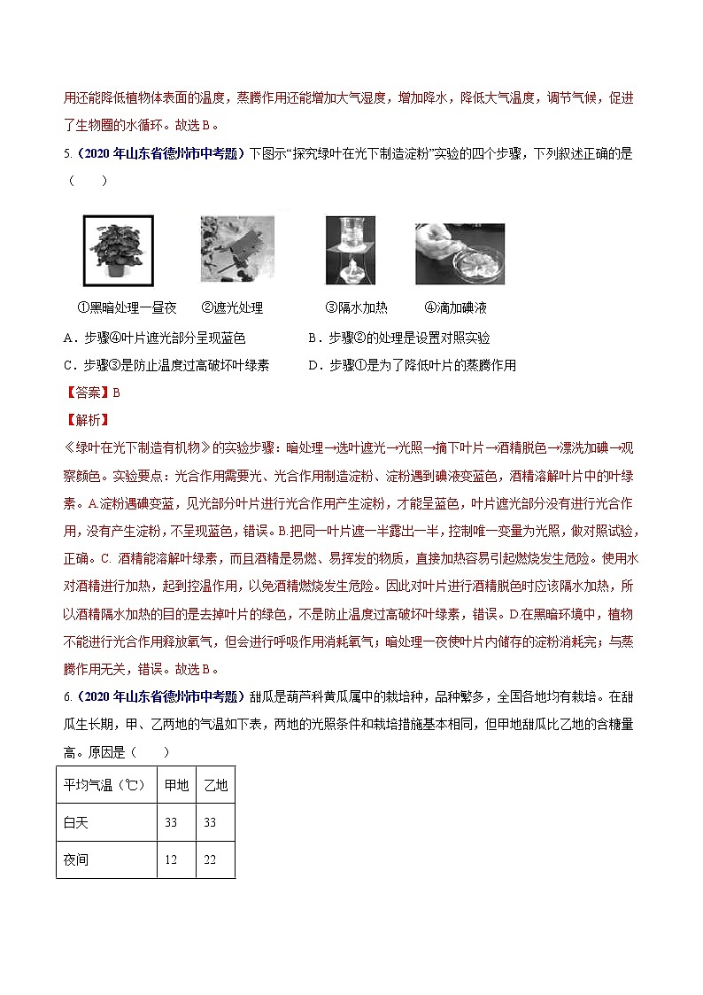 初中生物中考复习 专题04 绿色植物的蒸腾作用、光合作用和呼吸作用-2020年中考生物真题分项汇编（全国通用）（解析版）03