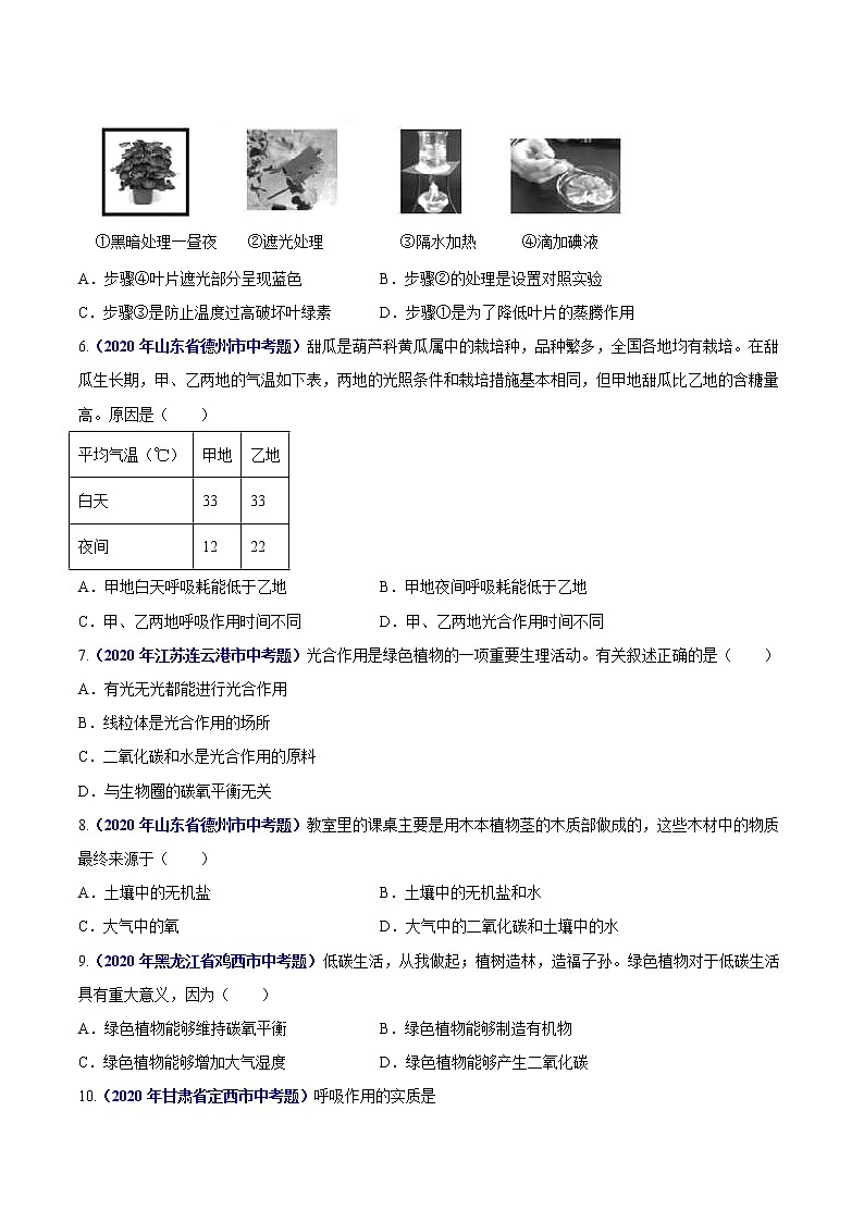 初中生物中考复习 专题04 绿色植物的蒸腾作用、光合作用和呼吸作用-2020年中考生物真题分项汇编（全国通用）（原卷版）第2页