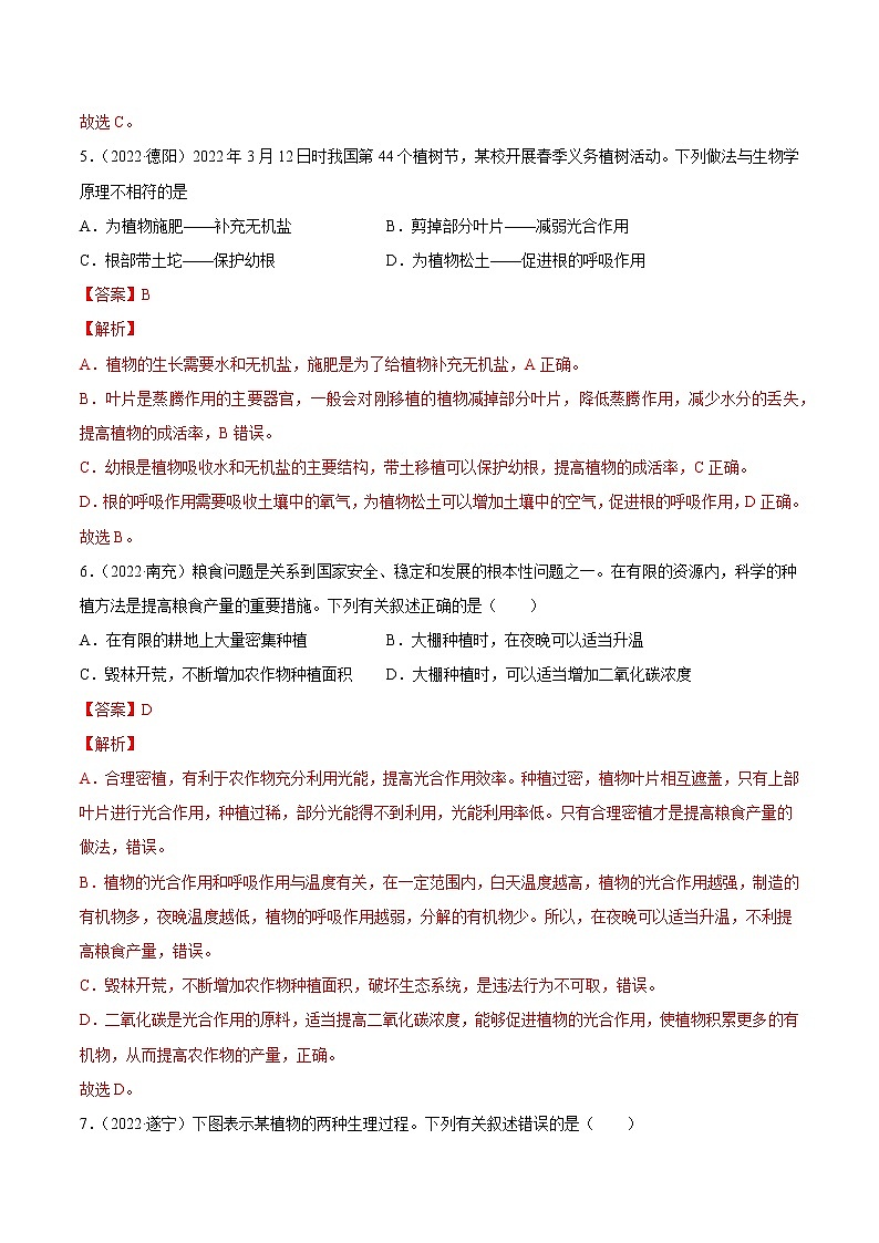 初中生物中考复习 专题04 绿色植物的蒸腾作用、光合作用和呼吸作用-2022年中考生物真题分项汇编 （全国通用）（解析版）03