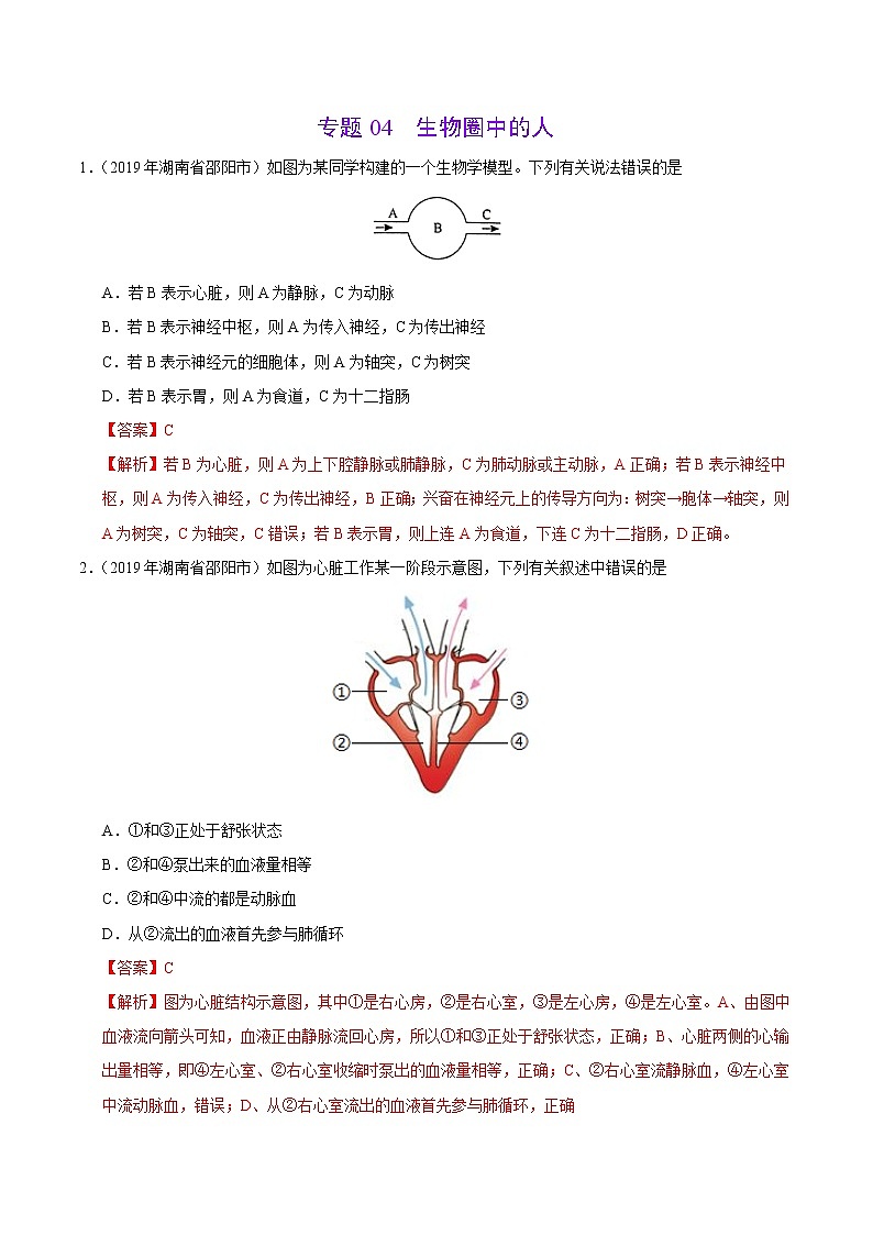 初中生物中考复习 专题04 生物圈中的人（第01期）-2019年中考真题生物试题分项汇编（解析版）01