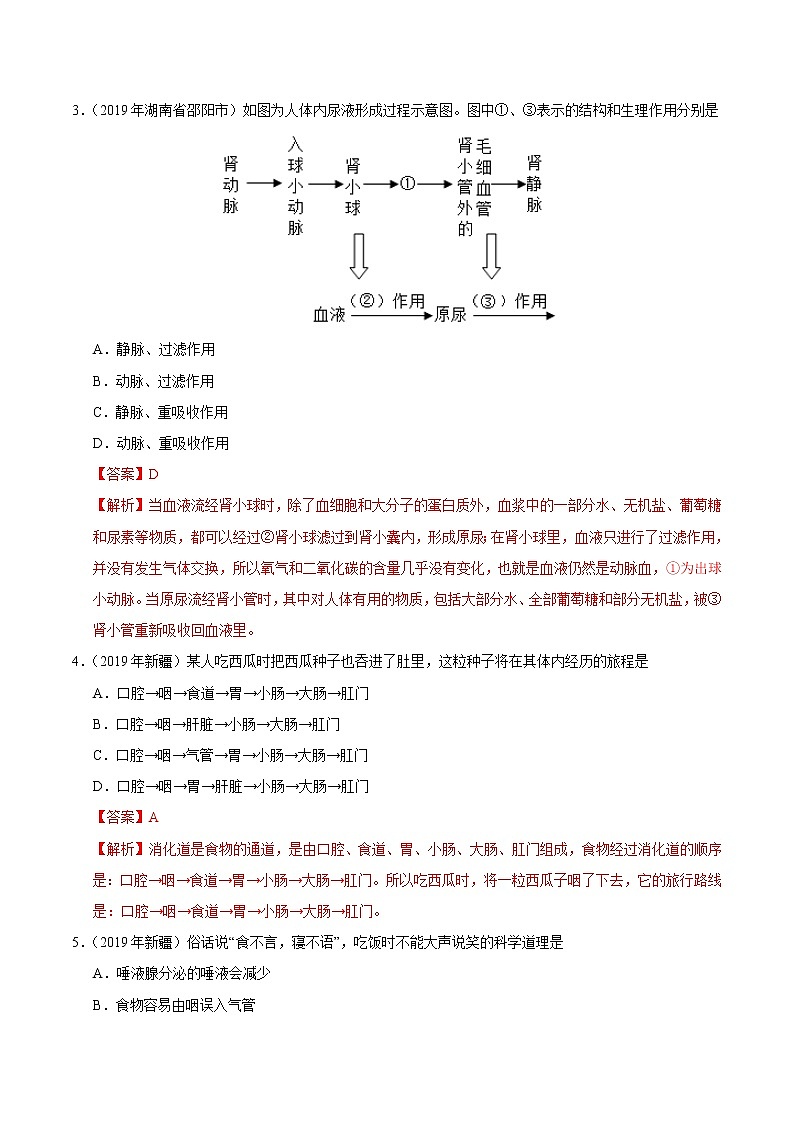 初中生物中考复习 专题04 生物圈中的人（第01期）-2019年中考真题生物试题分项汇编（解析版）02