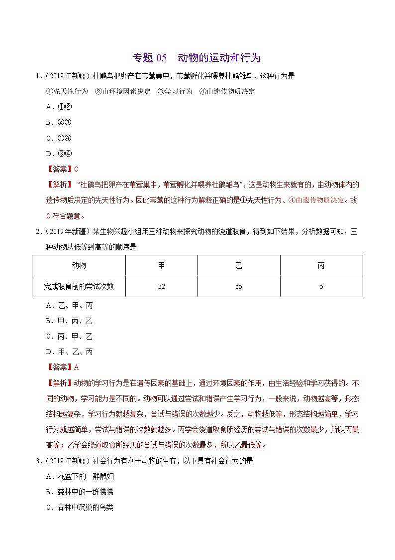 初中生物中考复习 专题05 动物的运动和行为（第01期）-2019年中考真题生物试题分项汇编（解析版）01