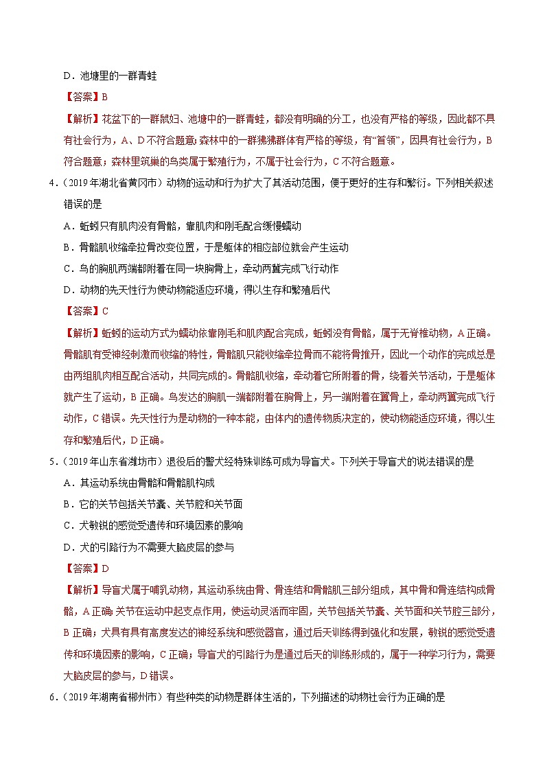 初中生物中考复习 专题05 动物的运动和行为（第01期）-2019年中考真题生物试题分项汇编（解析版）02