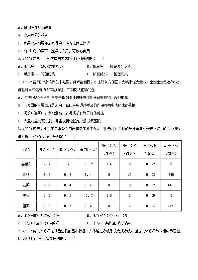 初中生物中考复习 专题05 人体的营养和呼吸-2022年中考生物真题分项汇编 （全国通用）（原卷版）02