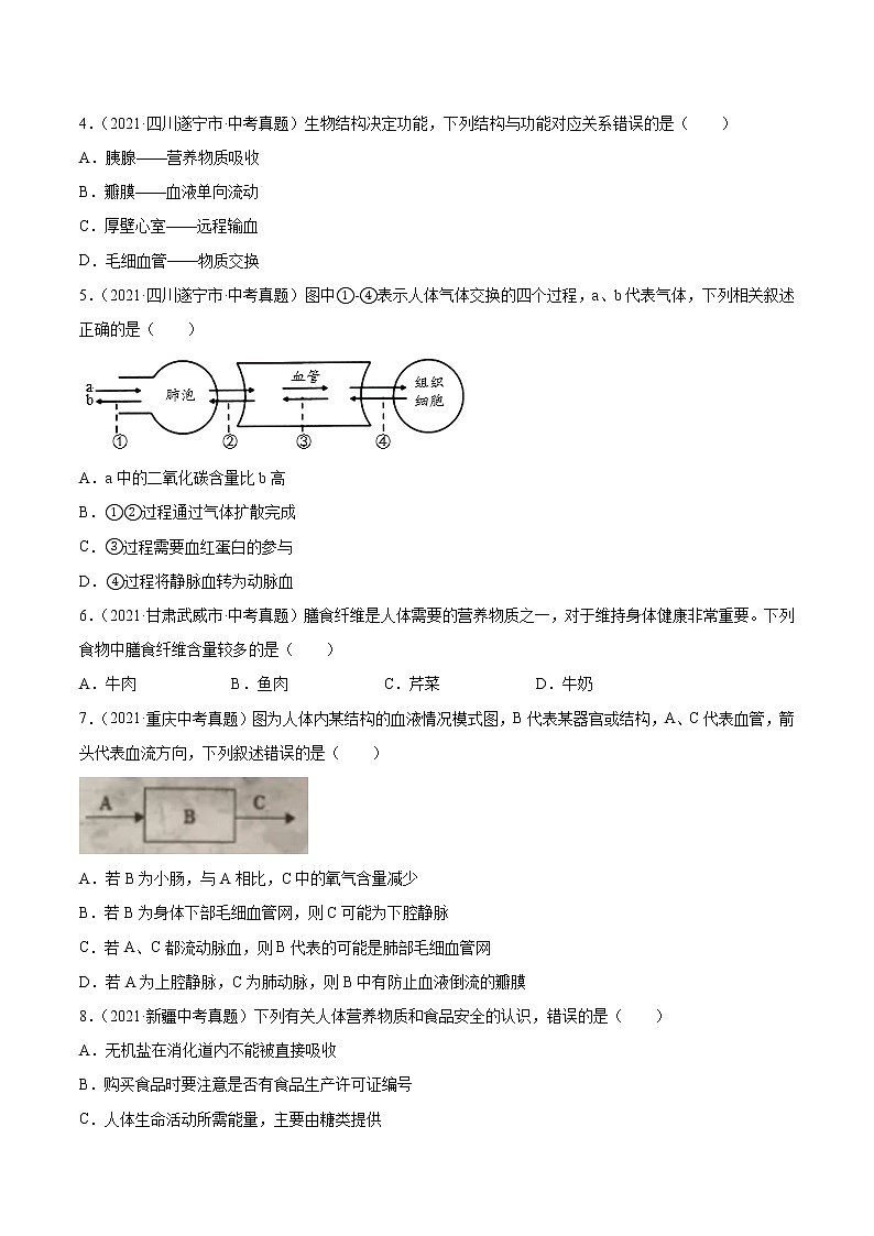 初中生物中考复习 专题05 人体的营养和呼吸-2021年中考生物真题分项汇编（全国通用）（第1期）（原卷版）第2页