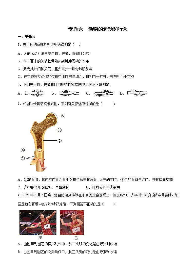 初中生物中考复习 专题06 动物的运动和行为（综合提分练）-【过专题】2022年中考生物二轮精准高效复习（原卷版）第1页