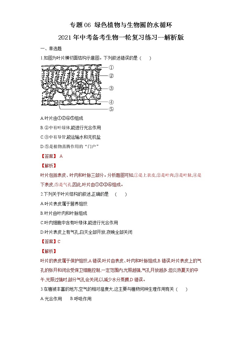 初中生物中考复习 专题06 绿色植物与生物圈的水循环（练习）（解析版）第1页