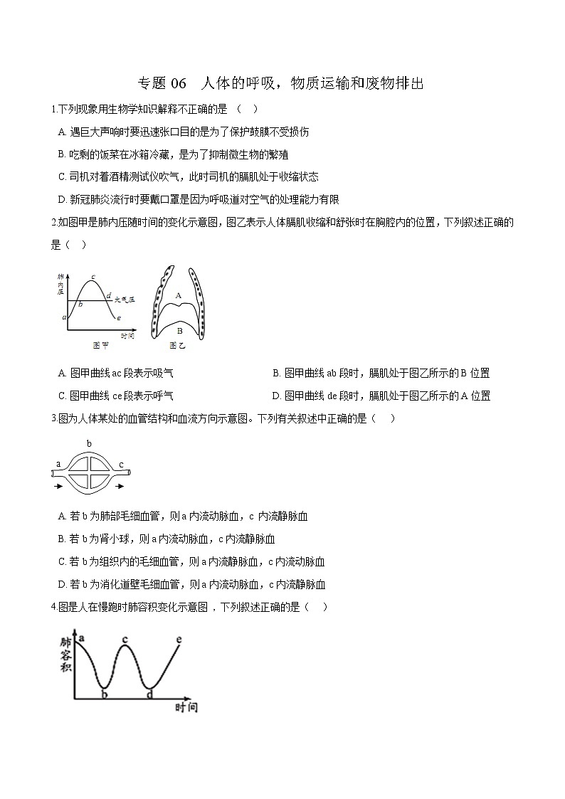 初中生物中考复习 专题06 人体的呼吸，物质运输和废物排出-冲刺2020年中考生物易错点集中专项训练（原卷版）第1页