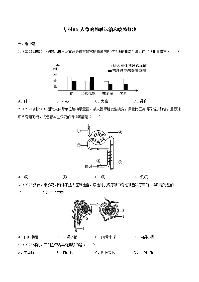 初中生物中考复习 专题06 人体的物质运输和废物排出-三年（2020-2022）中考生物真题分项汇编（全国通用）（原卷版）第1页