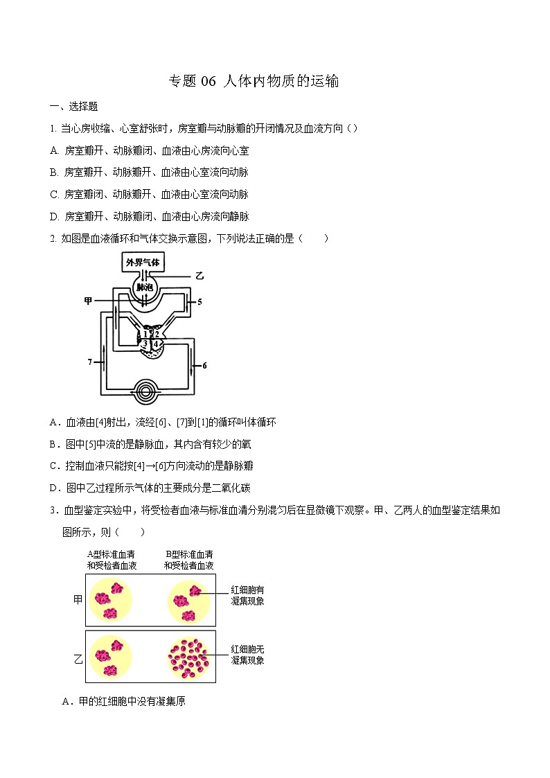 初中生物中考复习 专题06 人体内物质的运输-2020年中考生物挑战压轴题（原卷版）第1页