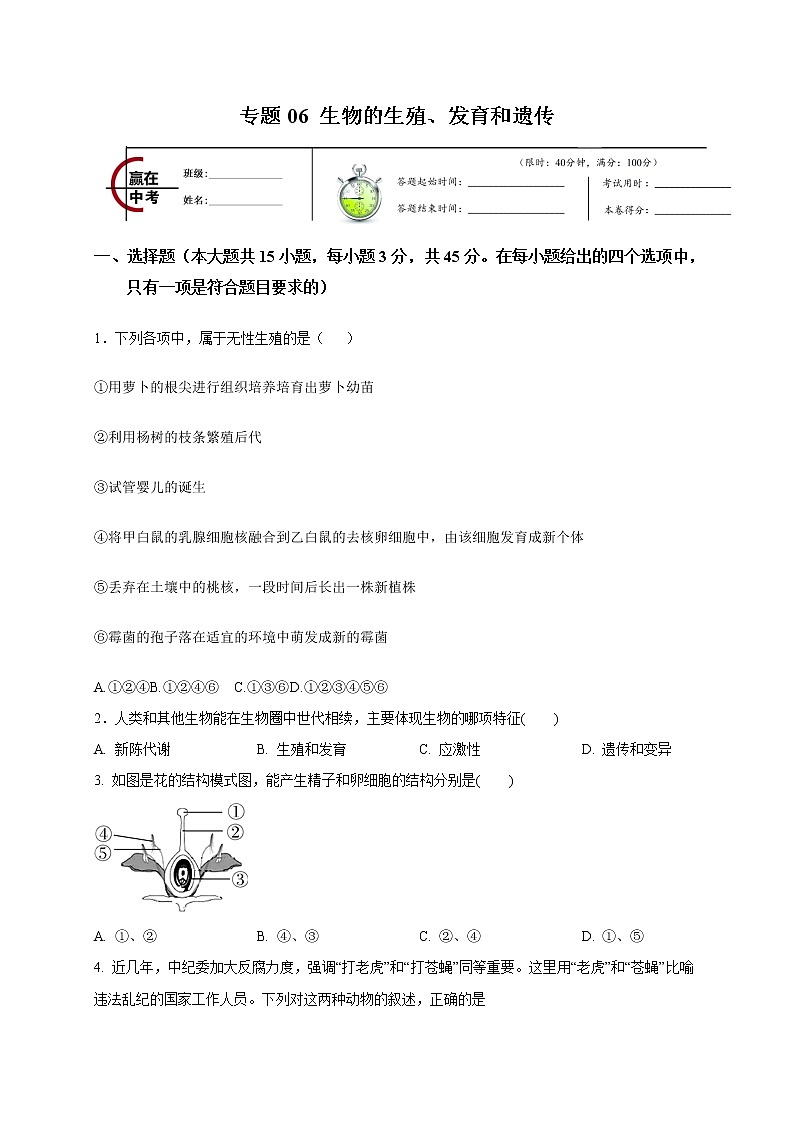 初中生物中考复习 专题06 生物的生殖、发育和遗传-2020年中考生物冲刺专题卷（原卷版）第1页