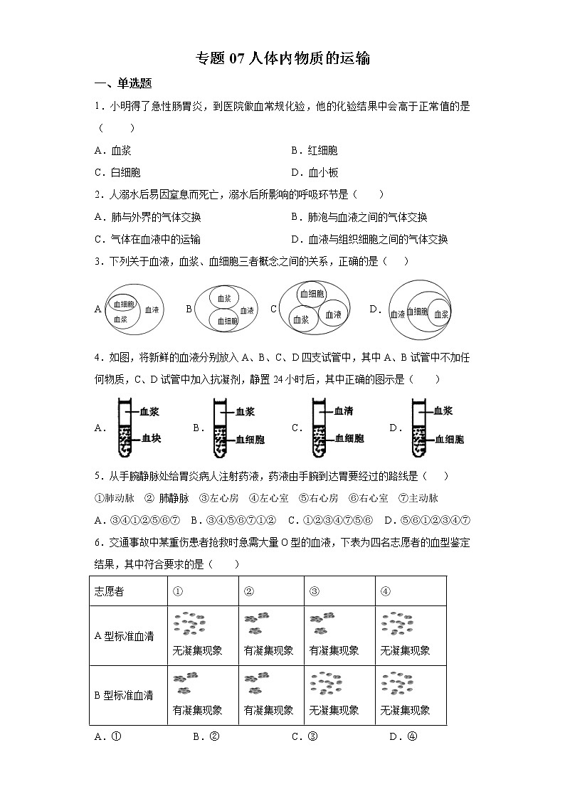 初中生物中考复习 专题07 人体内物质的运输（原卷版）第1页