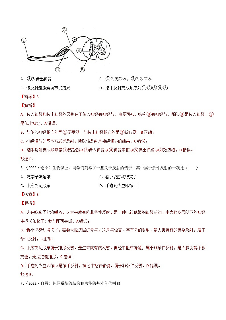 初中生物中考复习 专题07 人体生命活动的调节-2022年中考生物真题分项汇编 （全国通用）（解析版）03