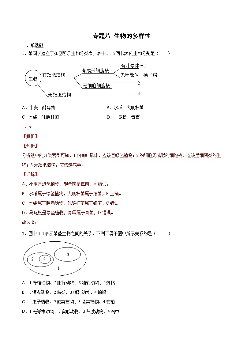 初中生物中考复习 专题08 生物的多样性（综合提分练）-【过专题】2022年中考生物二轮精准高效复习（解析版）第1页