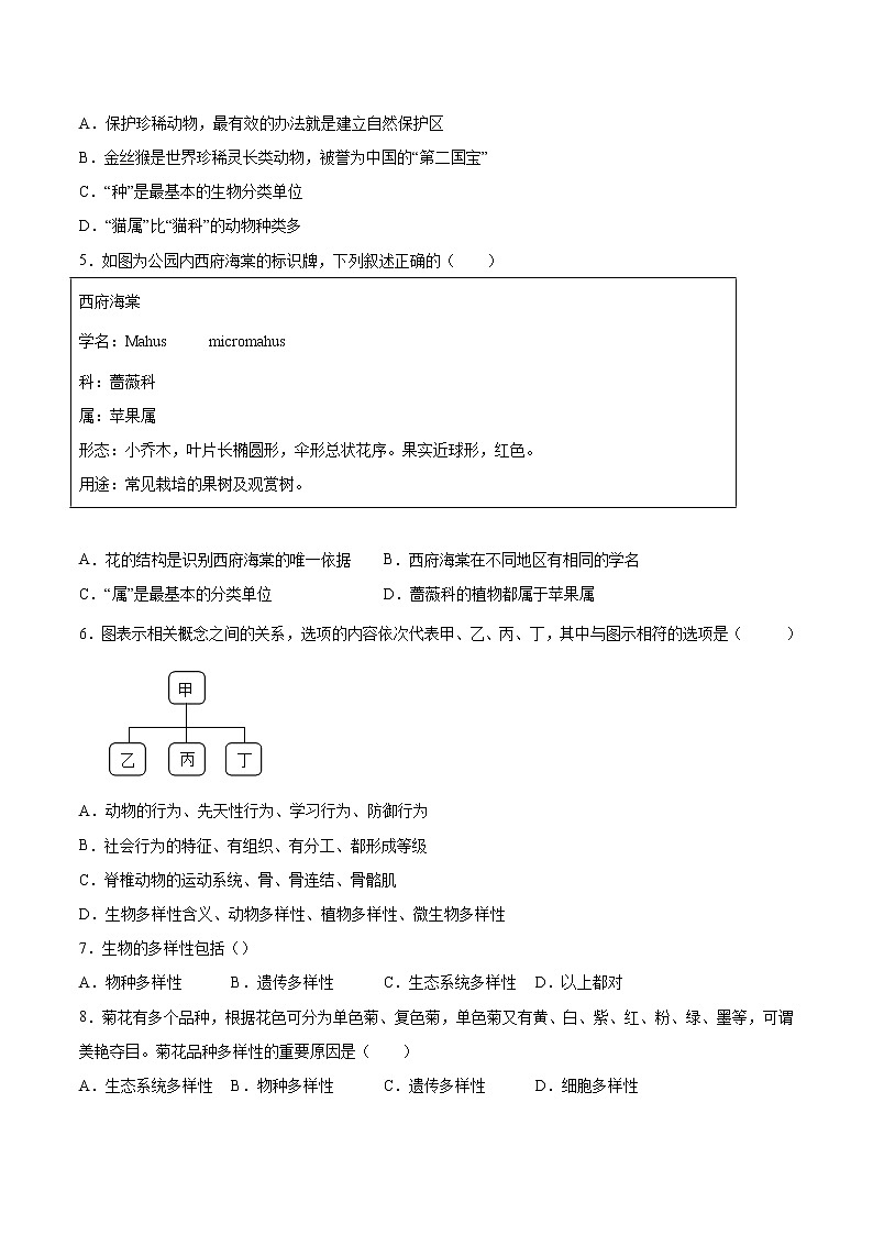 初中生物中考复习 专题08 生物的多样性（综合提分练）-【过专题】2022年中考生物二轮精准高效复习（原卷版）第2页
