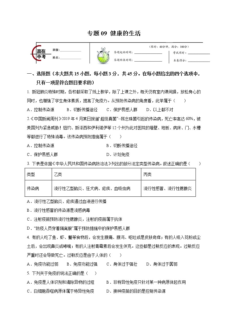 初中生物中考复习 专题09 健康的生活-2020年中考生物冲刺专题卷（原卷版）第1页
