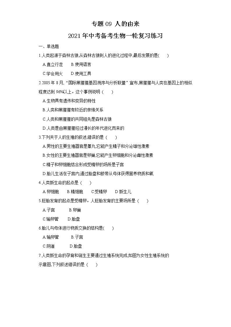 初中生物中考复习 专题09 人的由来（练习）（原卷版）01