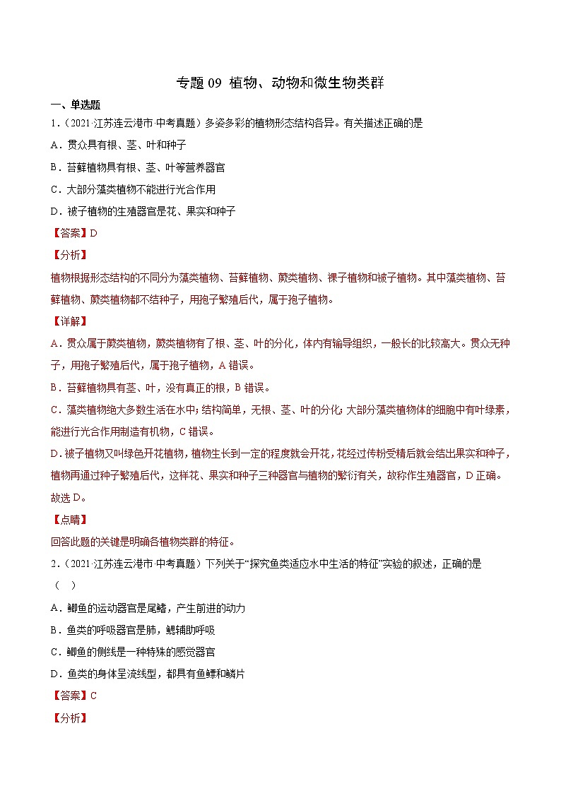 初中生物中考复习 专题09 植物、动物和微生物类群-2021年中考生物真题分项汇编（全国通用）（第1期）（解析版）01