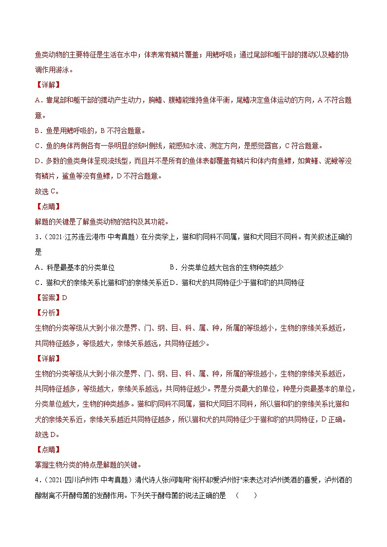 初中生物中考复习 专题09 植物、动物和微生物类群-2021年中考生物真题分项汇编（全国通用）（第1期）（解析版）02