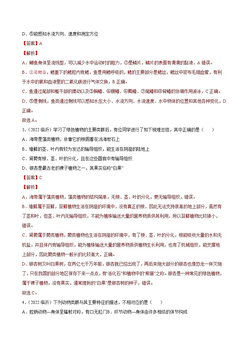 初中生物中考复习 专题09 植物、动物和微生物类群-2022年中考生物真题分项汇编 （全国通用）（解析版）第2页