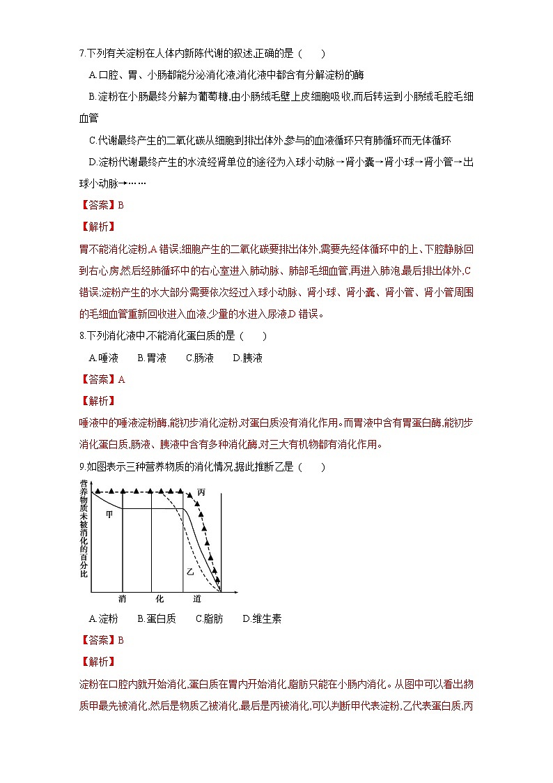 初中生物中考复习 专题10 人体的营养（练习）（解析版）03