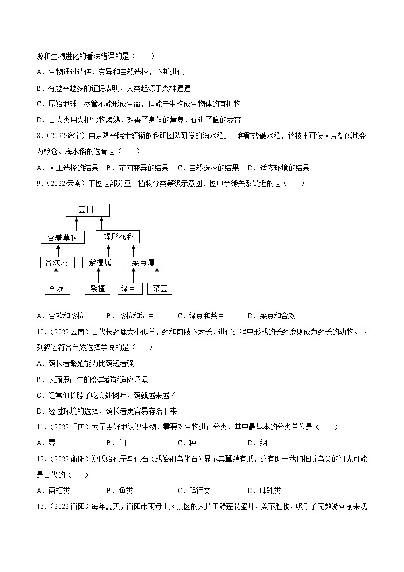 初中生物中考复习 专题10 生物的分类、进化和多样性保护-2022年中考生物真题分项汇编 （全国通用）（原卷版）第2页