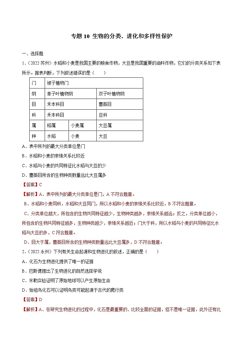 初中生物中考复习 专题10 生物的分类、进化和多样性保护-三年（2020-2022）中考生物真题分项汇编（全国通用）（解析版）01
