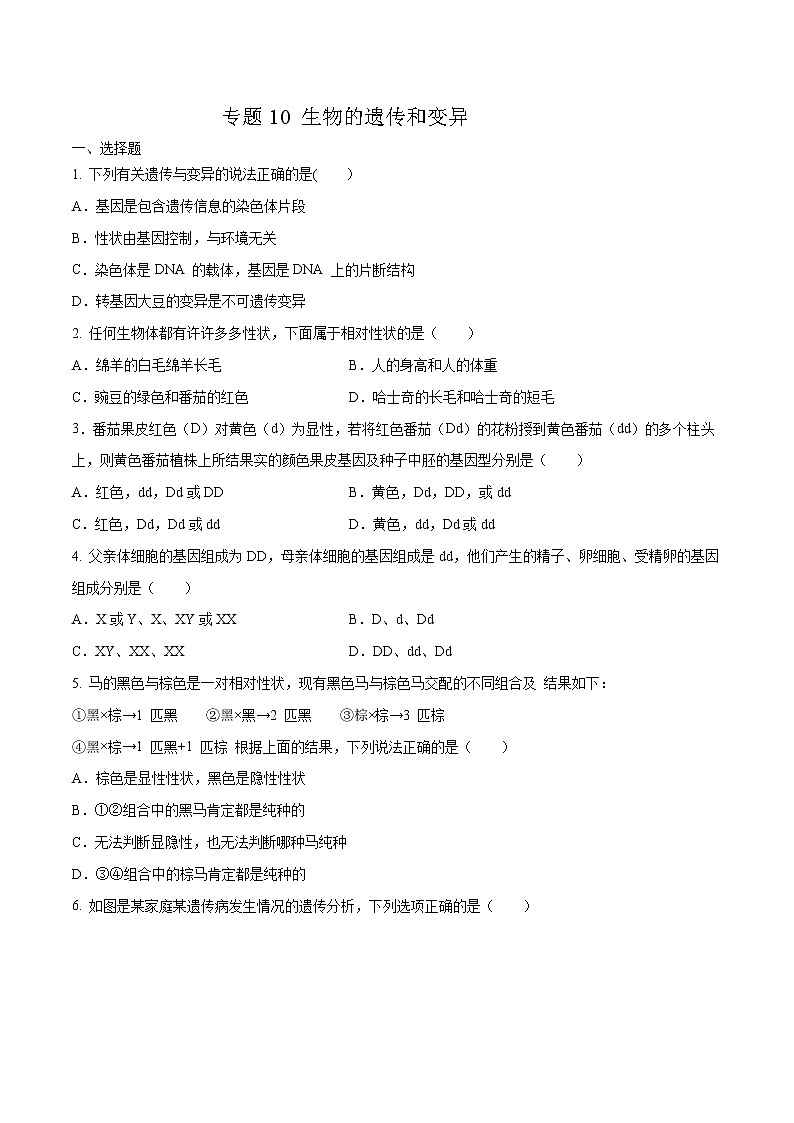 初中生物中考复习 专题10 生物的遗传和变异-2020年中考生物挑战压轴题（原卷版）第1页