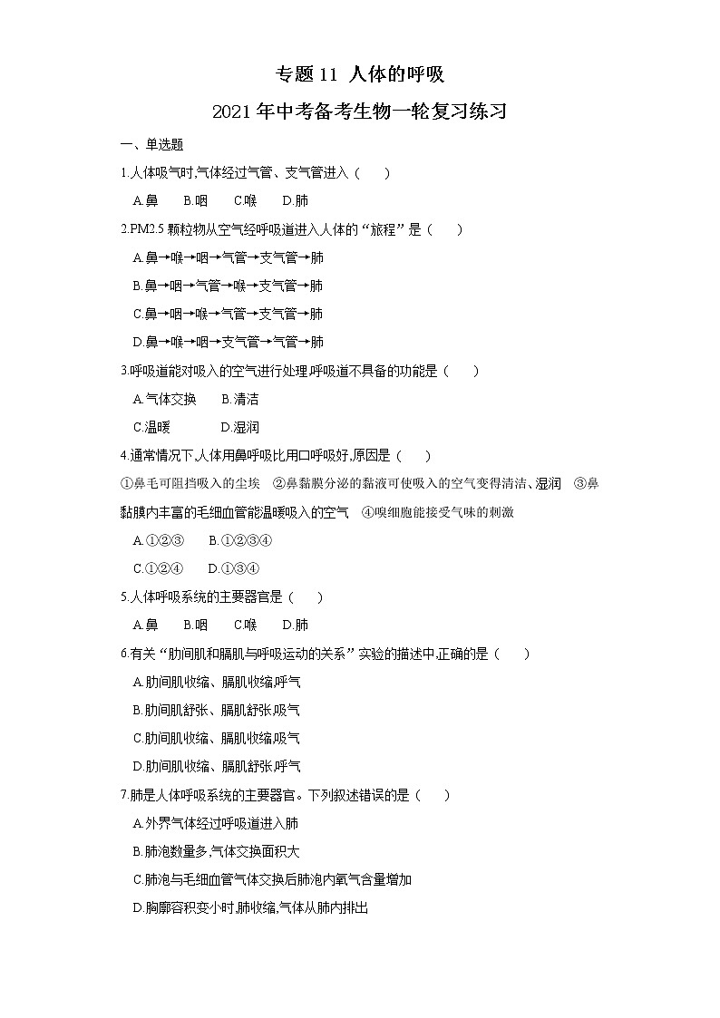 初中生物中考复习 专题11 人体的呼吸（练习）（原卷版）01