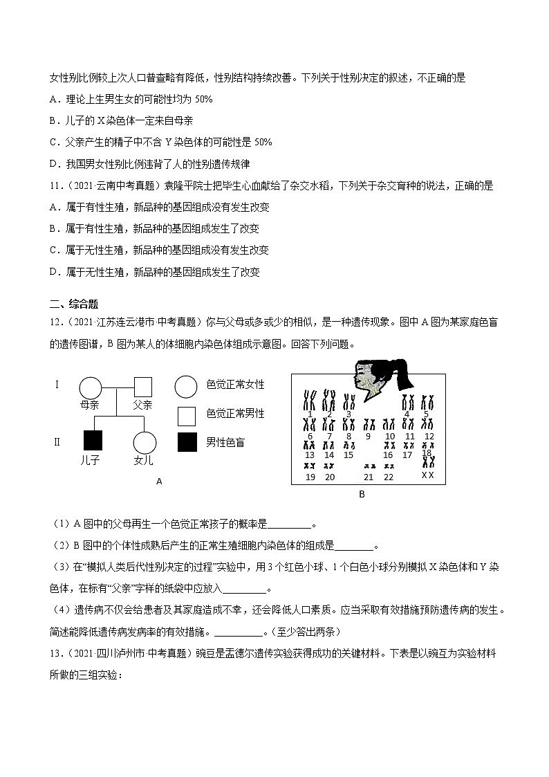 初中生物中考复习 专题12 生物的遗传和变异-2021年中考生物真题分项汇编（全国通用）（第1期）（原卷版）第3页