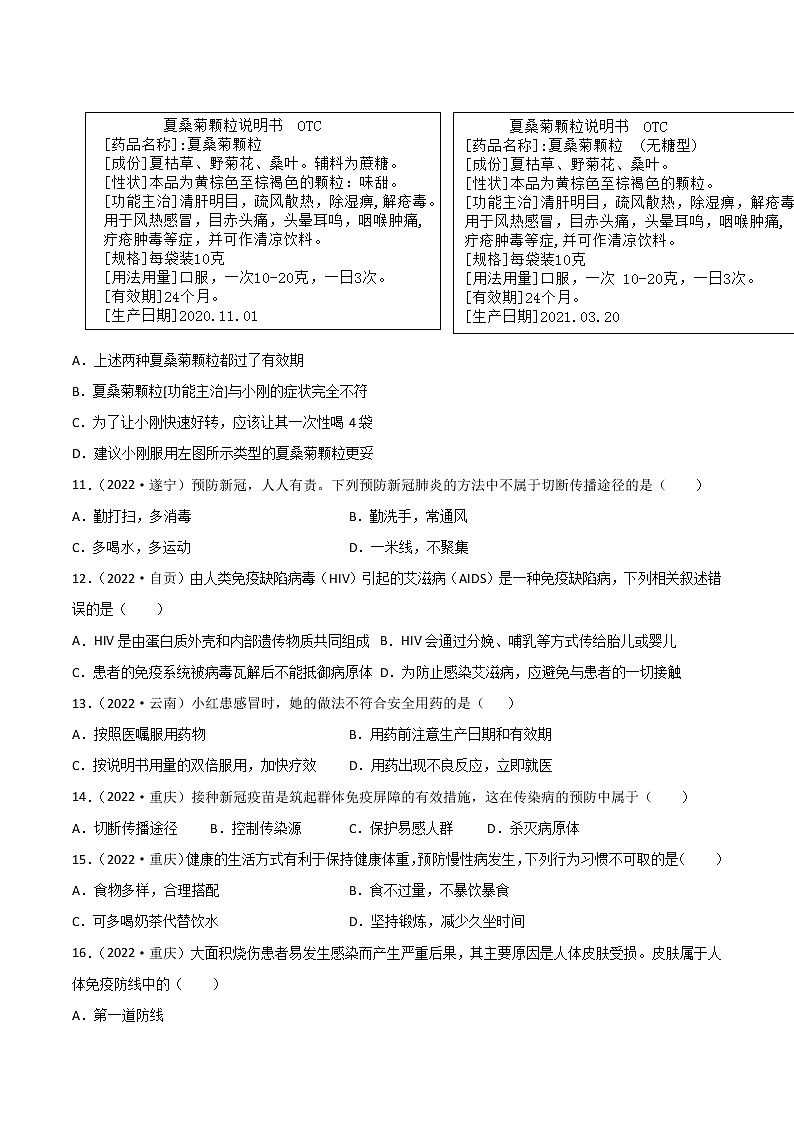 初中生物中考复习 专题13 健康地生活-2022年中考生物真题分项汇编 （全国通用）（原卷版）03