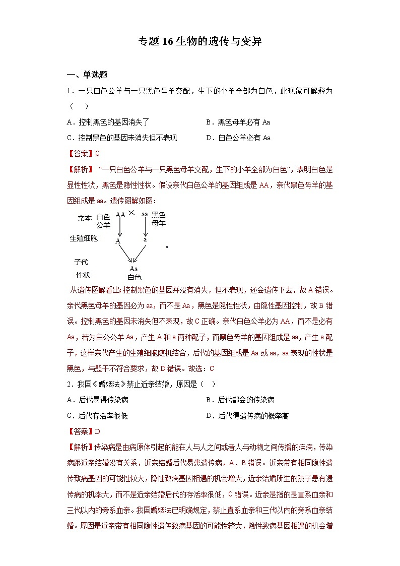 初中生物中考复习 专题16 生物的遗传与变异（解析版）第1页