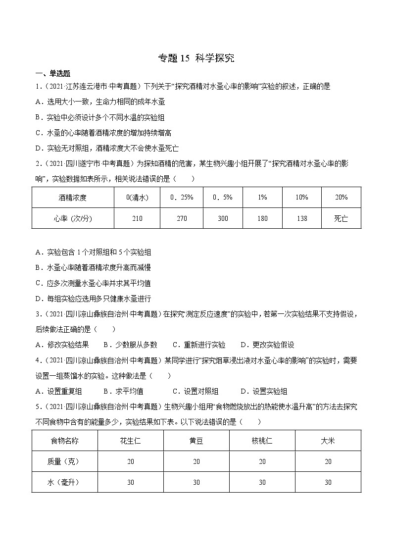 初中生物中考复习 专题15 科学探究-2021年中考生物真题分项汇编（全国通用）（第1期）（原卷版）第1页