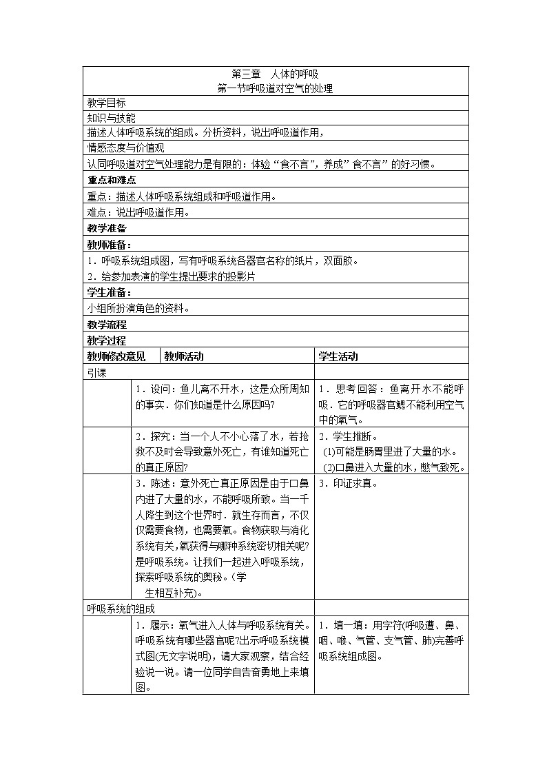 第三章 人体的呼吸 第一节 呼吸道对空气的处理 课件+教案01