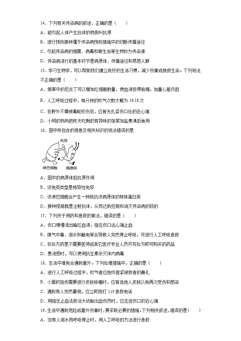 初中生物中考复习 专题18 健康的生活（原卷版）第3页