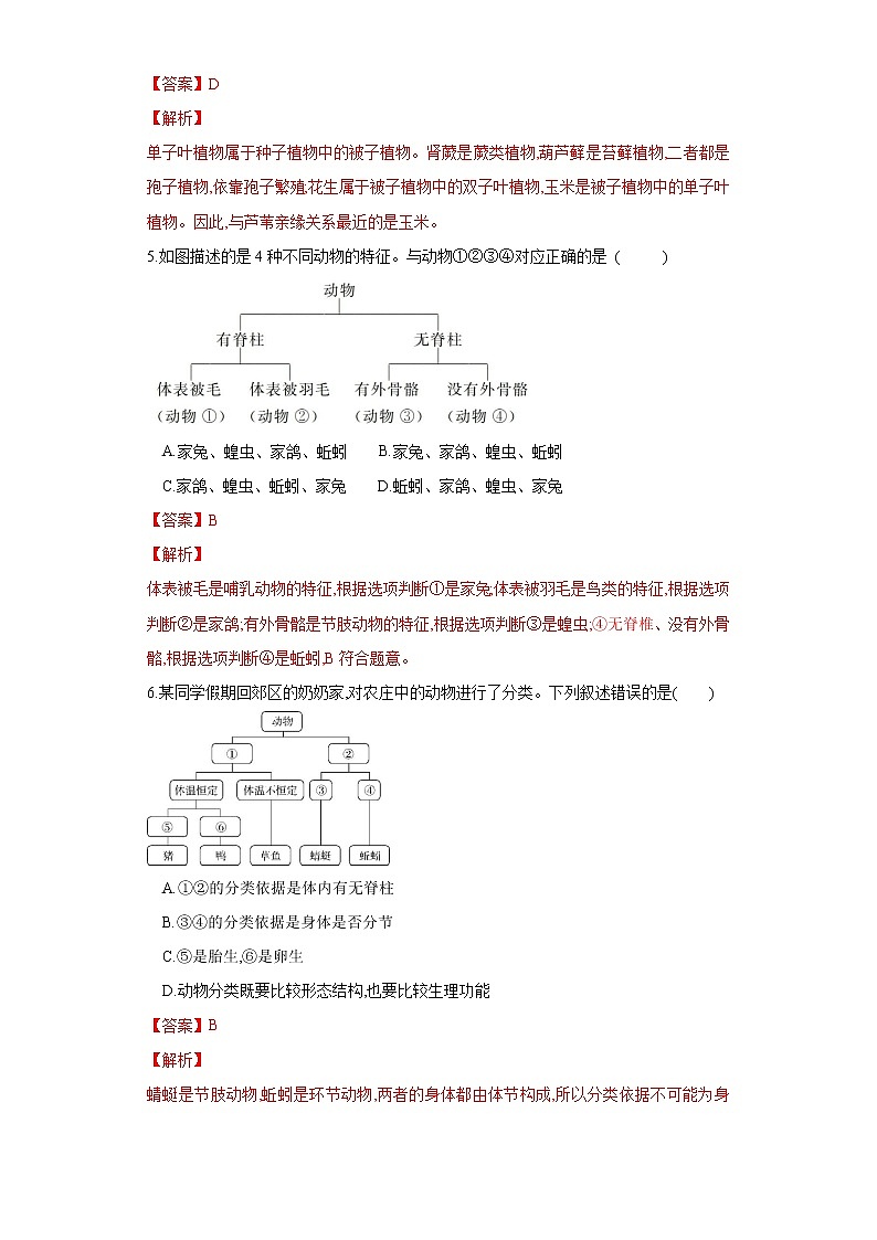 初中生物中考复习 专题18 生物的多样性（练习）（解析版）第2页
