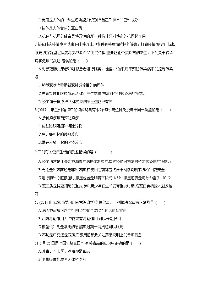 初中生物中考复习 专题22 健康的生活（练习）（原卷版）02