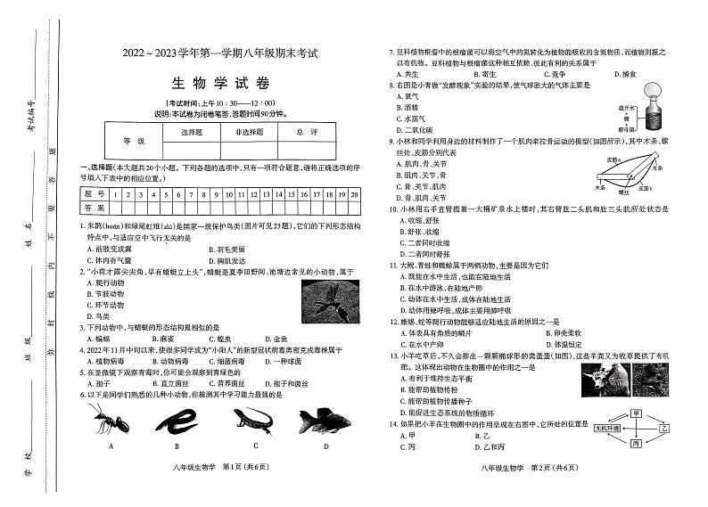 2022-2023山西省太原市八年级上学期期末考试 生物试题及答案01
