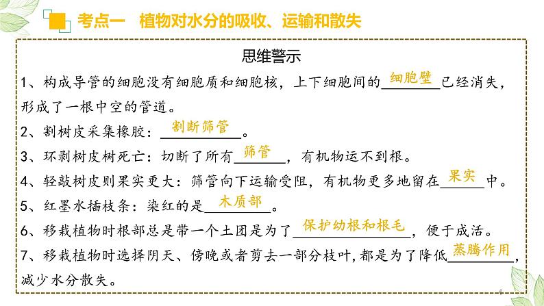 初中生物中考复习 专题06 绿色植物与生物圈的水循环（上课用课件）-【过一轮】2022年中考生物一轮复习课件精讲与习题精练06