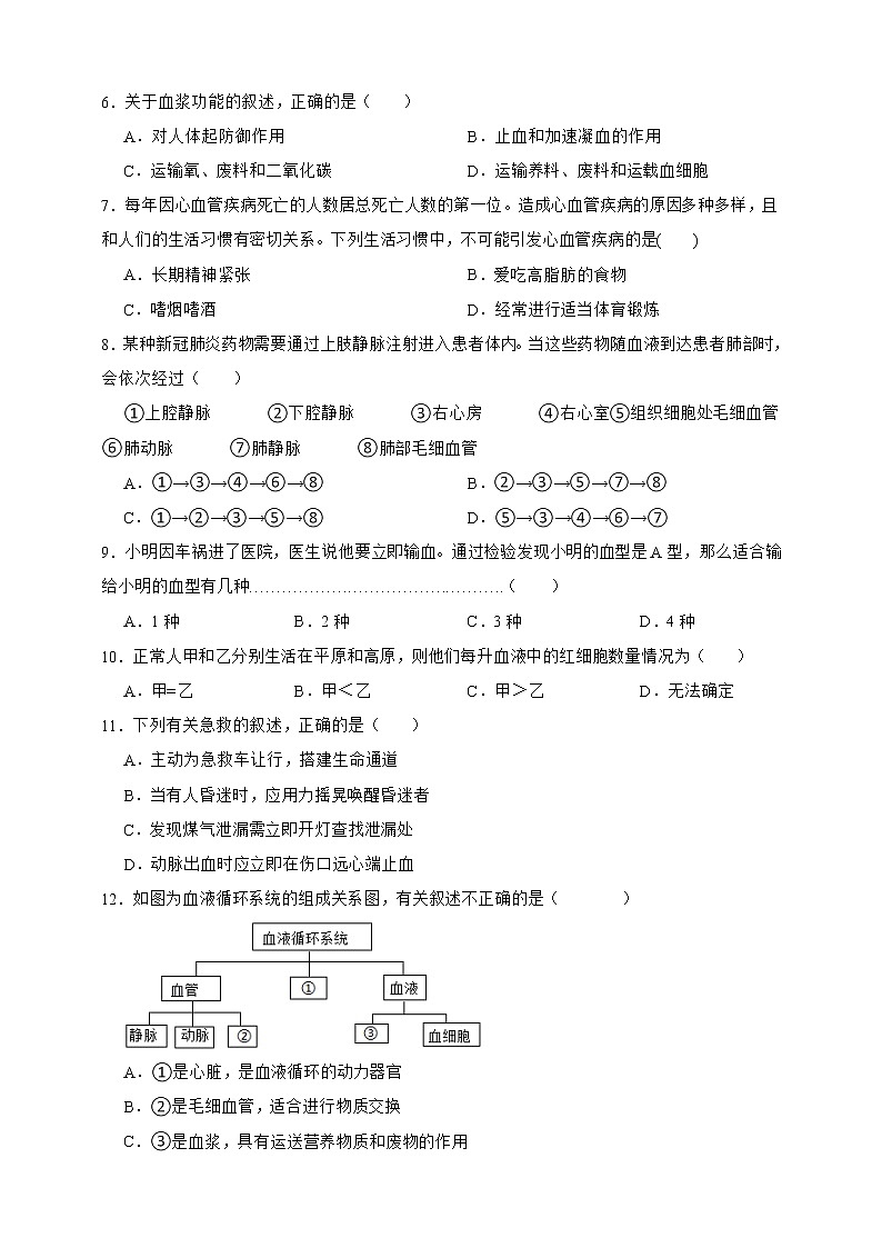 【中考一轮复习】2023年中考生物济南版复习训练卷九   专题9人体内的物质运输（含解析）第2页