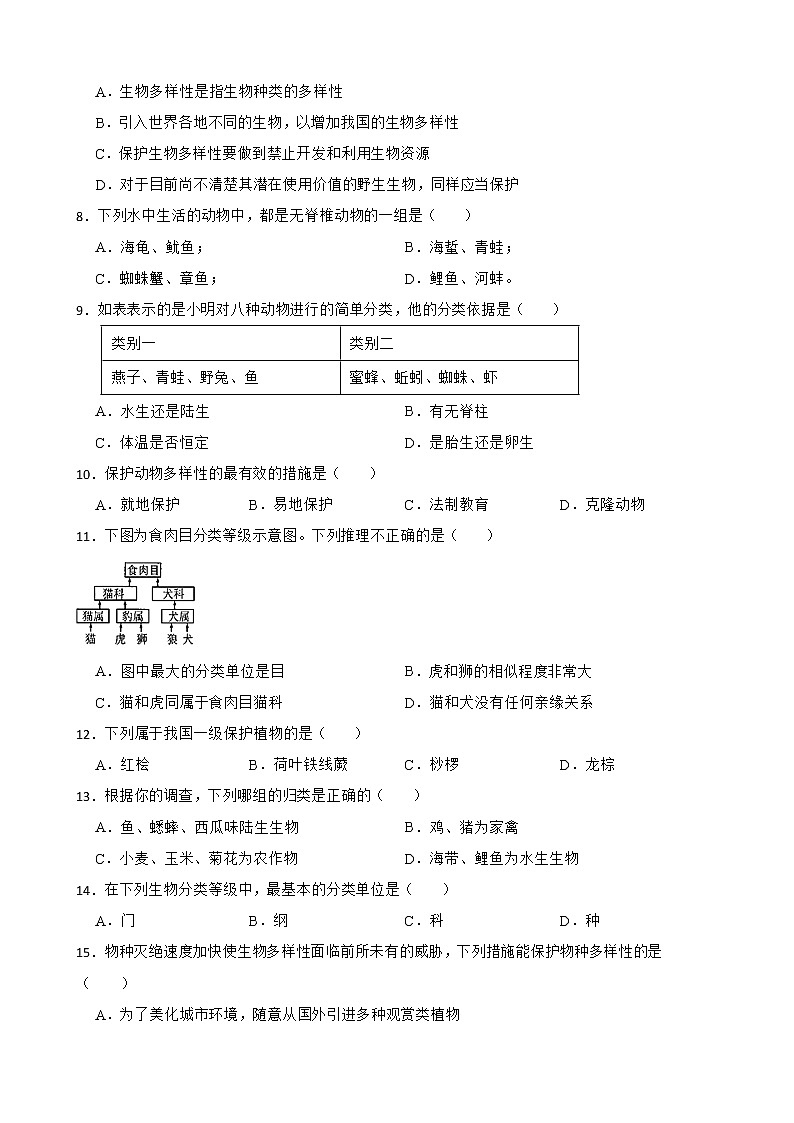 【中考一轮复习】2023年生物人教版专用训练卷——专题20 生物的多样性及其保护（含答案）第2页