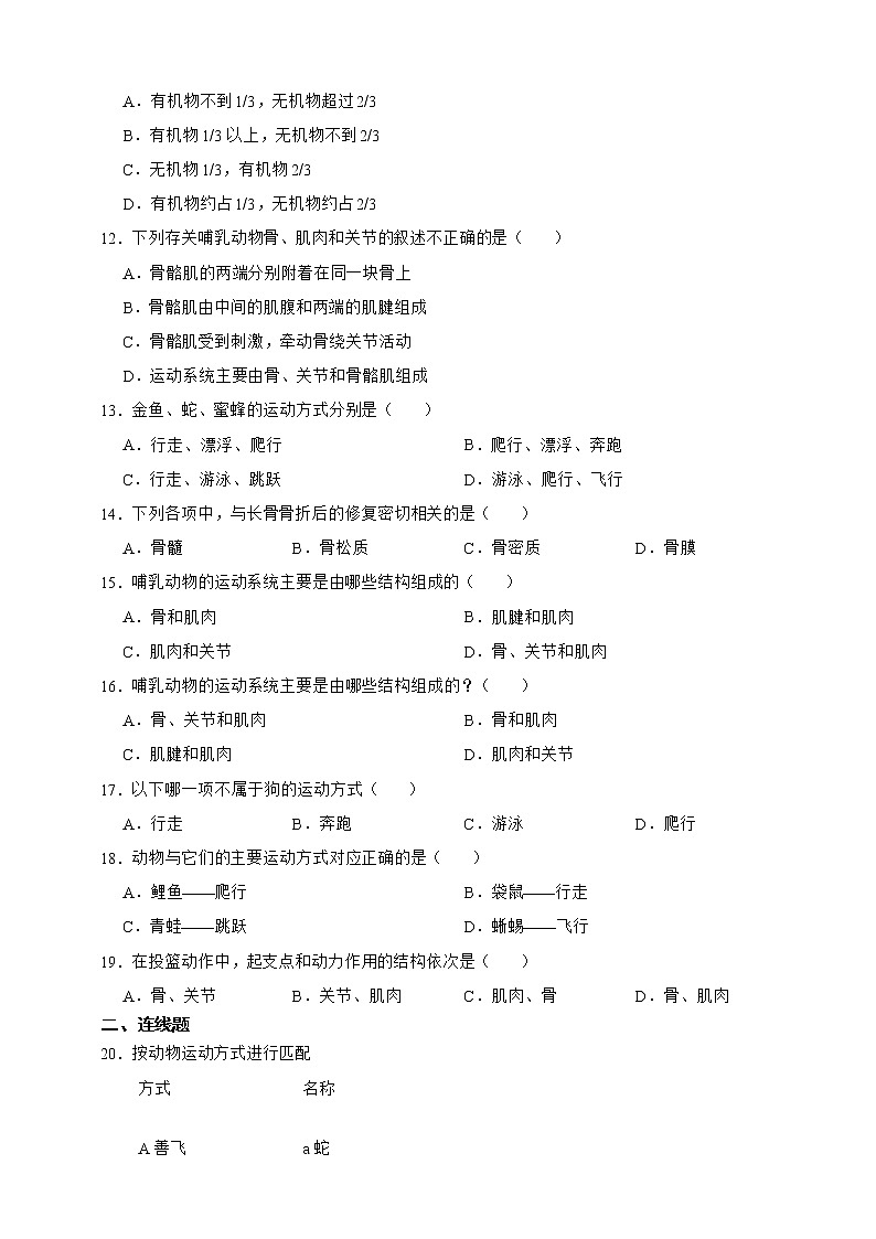 【中考一轮复习】2023冀教版生物中考一轮复习训练卷四   专题4 多种多样的动物（含解析）02
