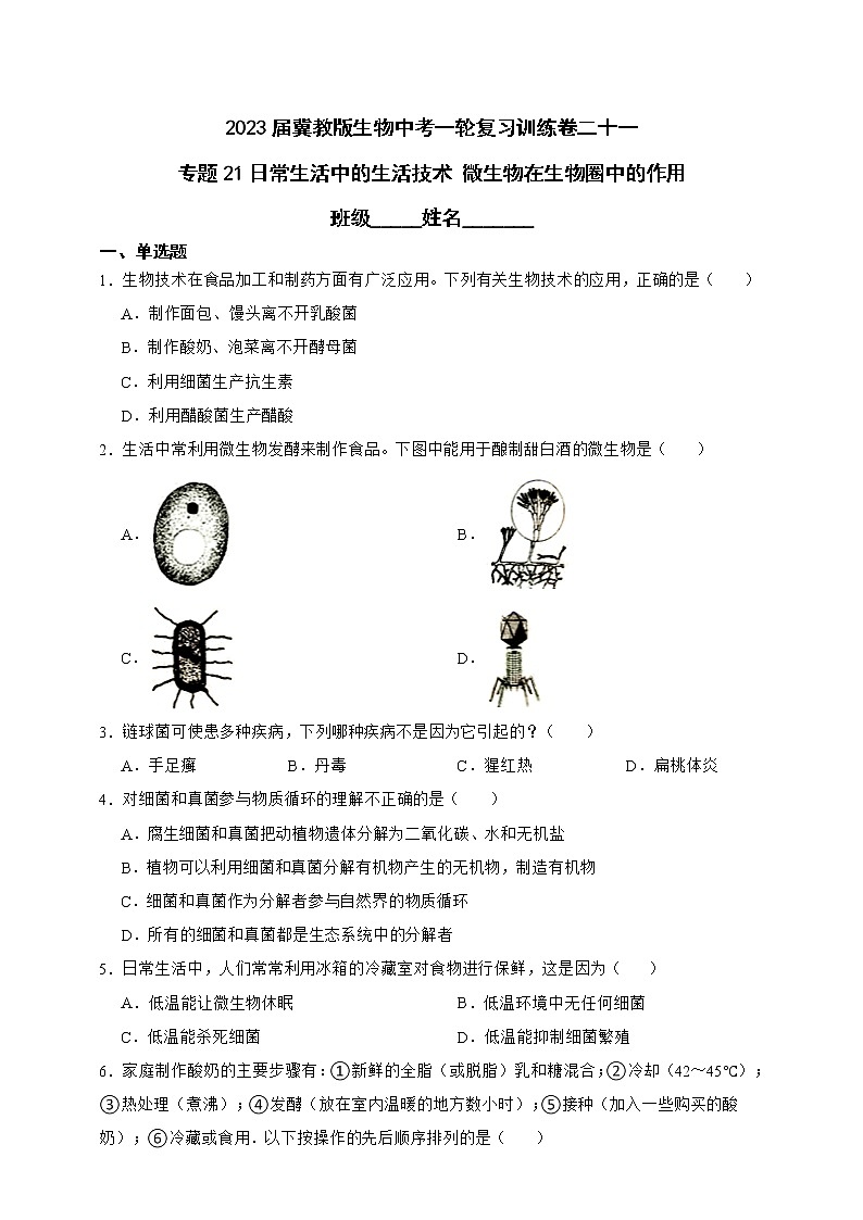 【中考一轮复习】2023年生物中考冀教版复习训练卷二十   专题20真菌（含解析）01