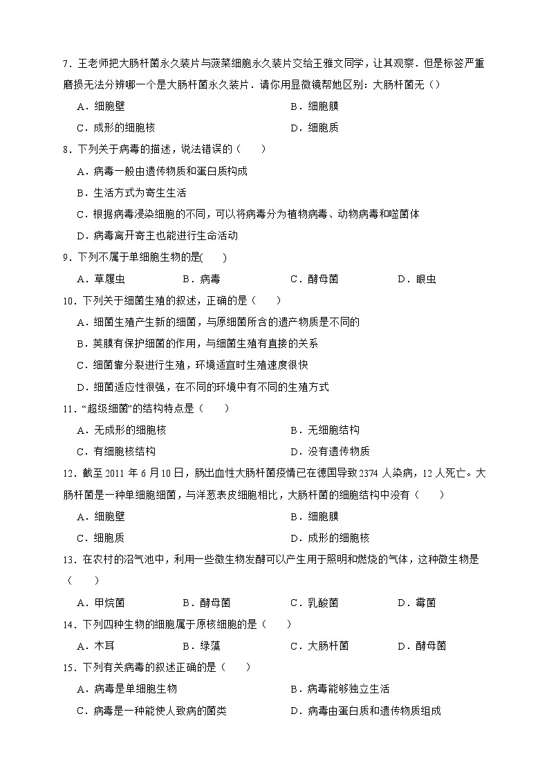 【中考一轮复习】2023年生物中考冀教版复习训练卷十九   专题19细菌和真菌（含解析）第2页