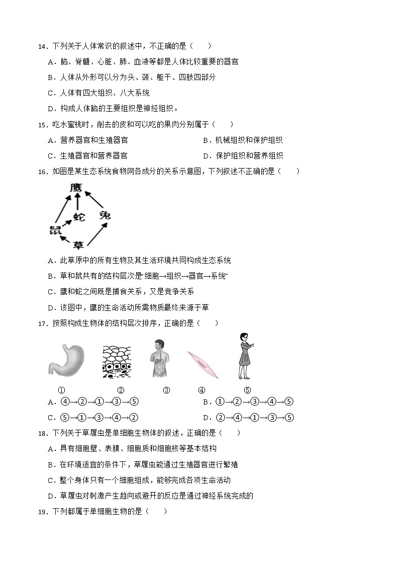 【中考一轮复习】2023年苏科版生物训练卷——专题9 生物体有相似的结构层次（ 含解析）03