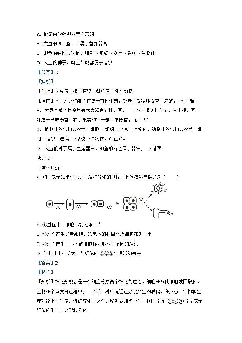 【备战2023】2022年全国通用中考生物真题汇编——专题02生物体的结构层次（解析版）03