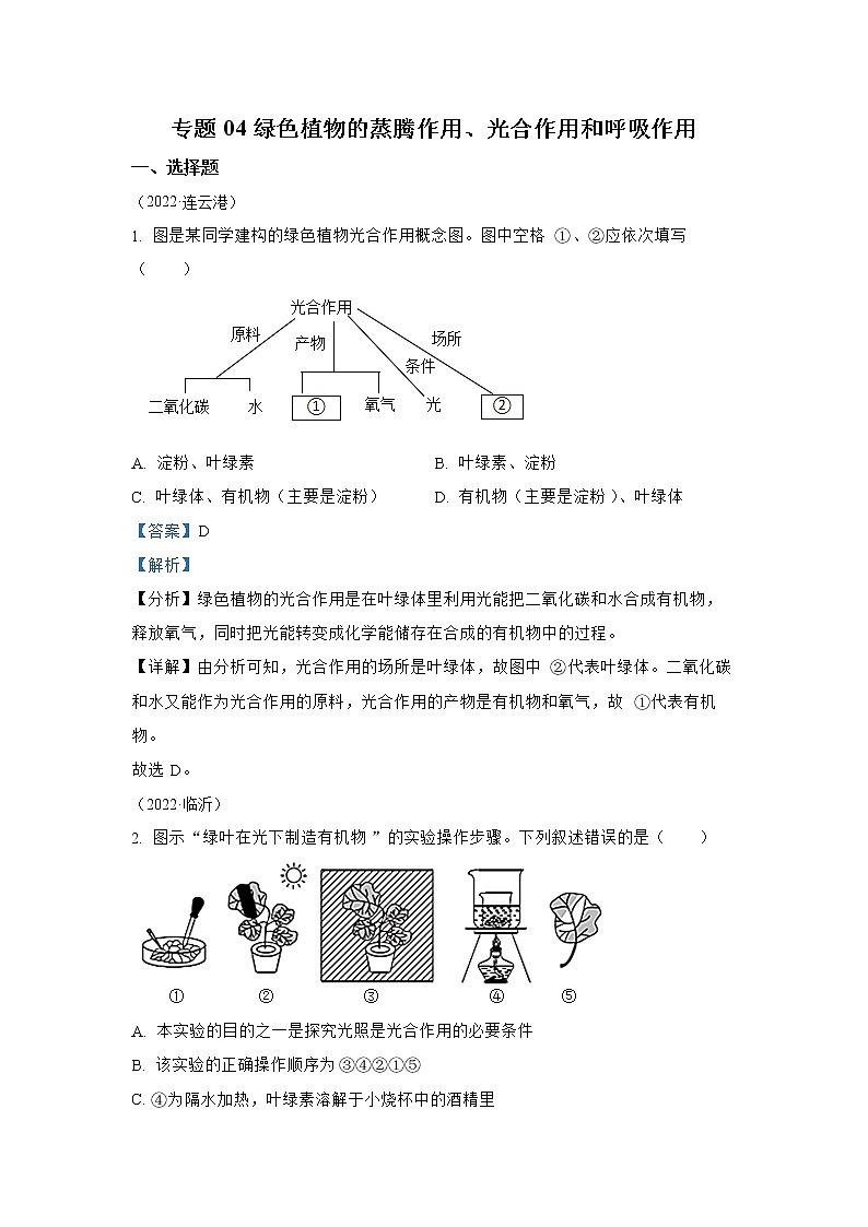 【备战2023】2022年全国通用中考生物真题汇编——专题04绿色植物的蒸腾、光合、呼吸作用（解析版）第1页