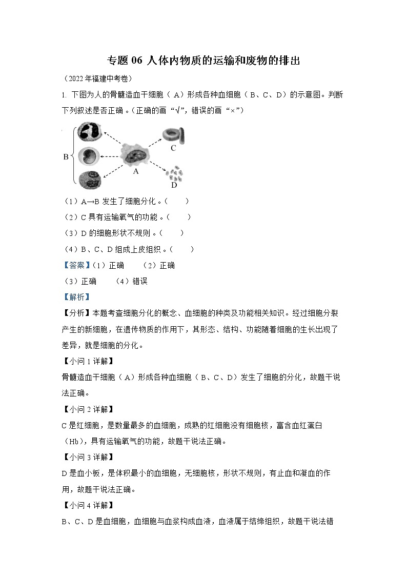 【备战2023】2022年全国通用中考生物真题汇编——专题06人体内物质的运输和废物的排出（解析版）第1页