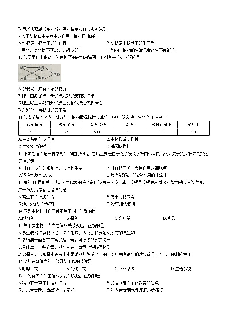 广东省揭阳市揭东区2022-2023学年八年级上学期期末生物试题（含答案）02