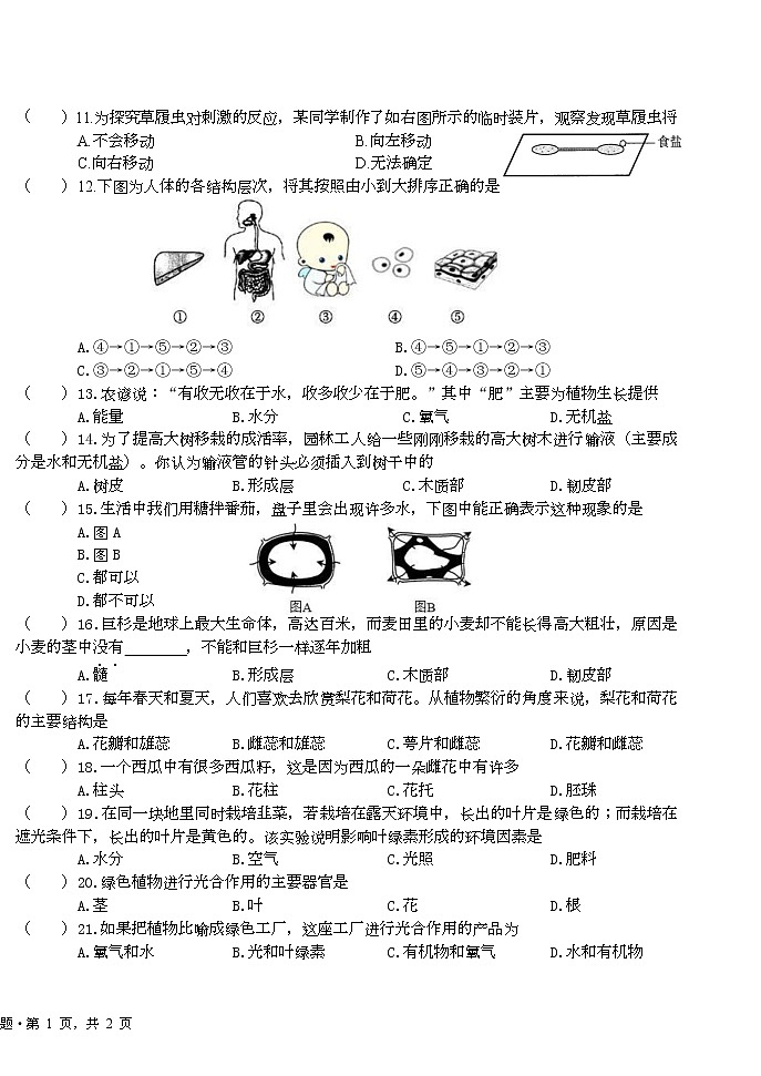 江苏省盐城市盐城初级中学（南北校区）2022-2023学年七年级上学期生物期末试卷第2页